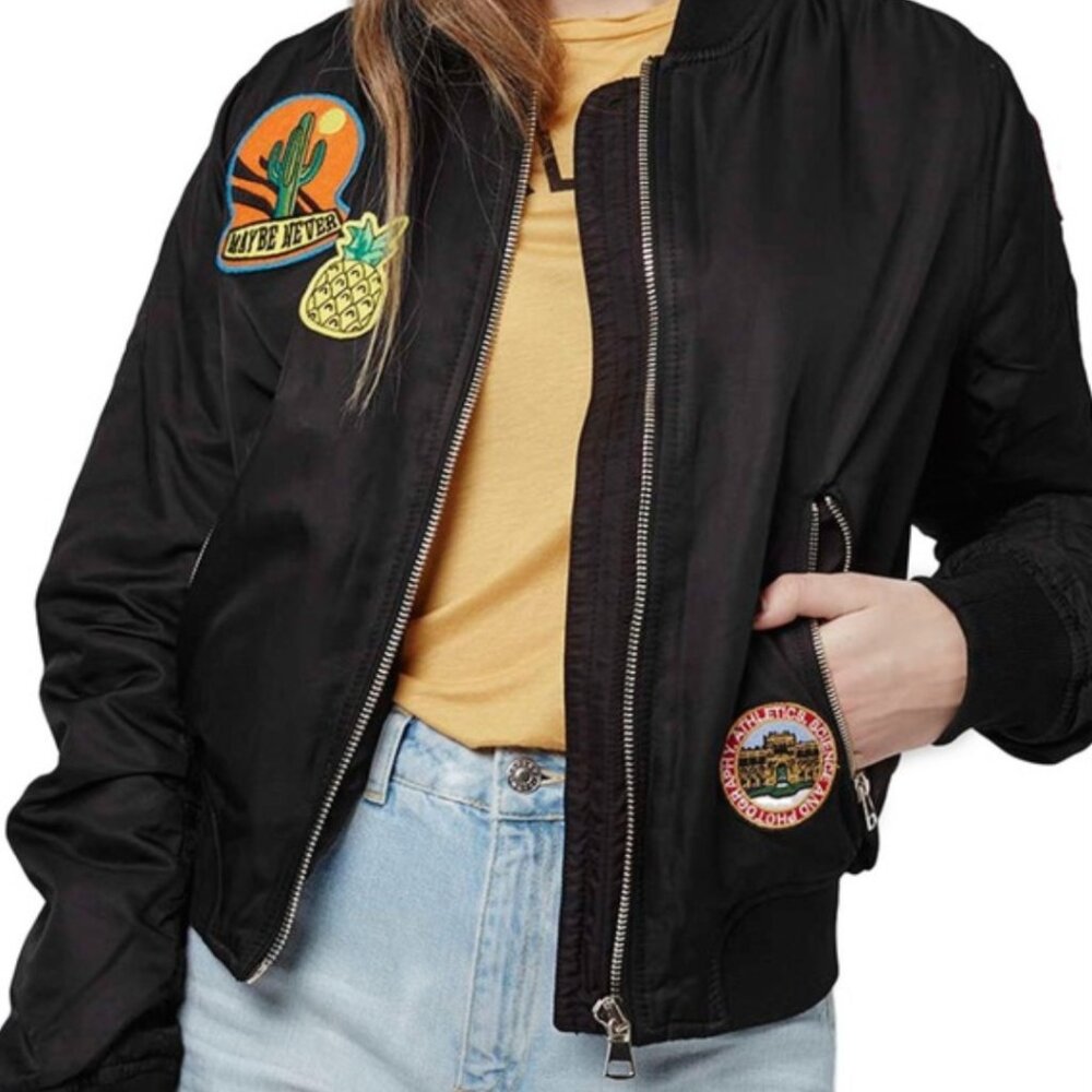 Topshop Women's Patch Black Bomber Jacket Size: 8